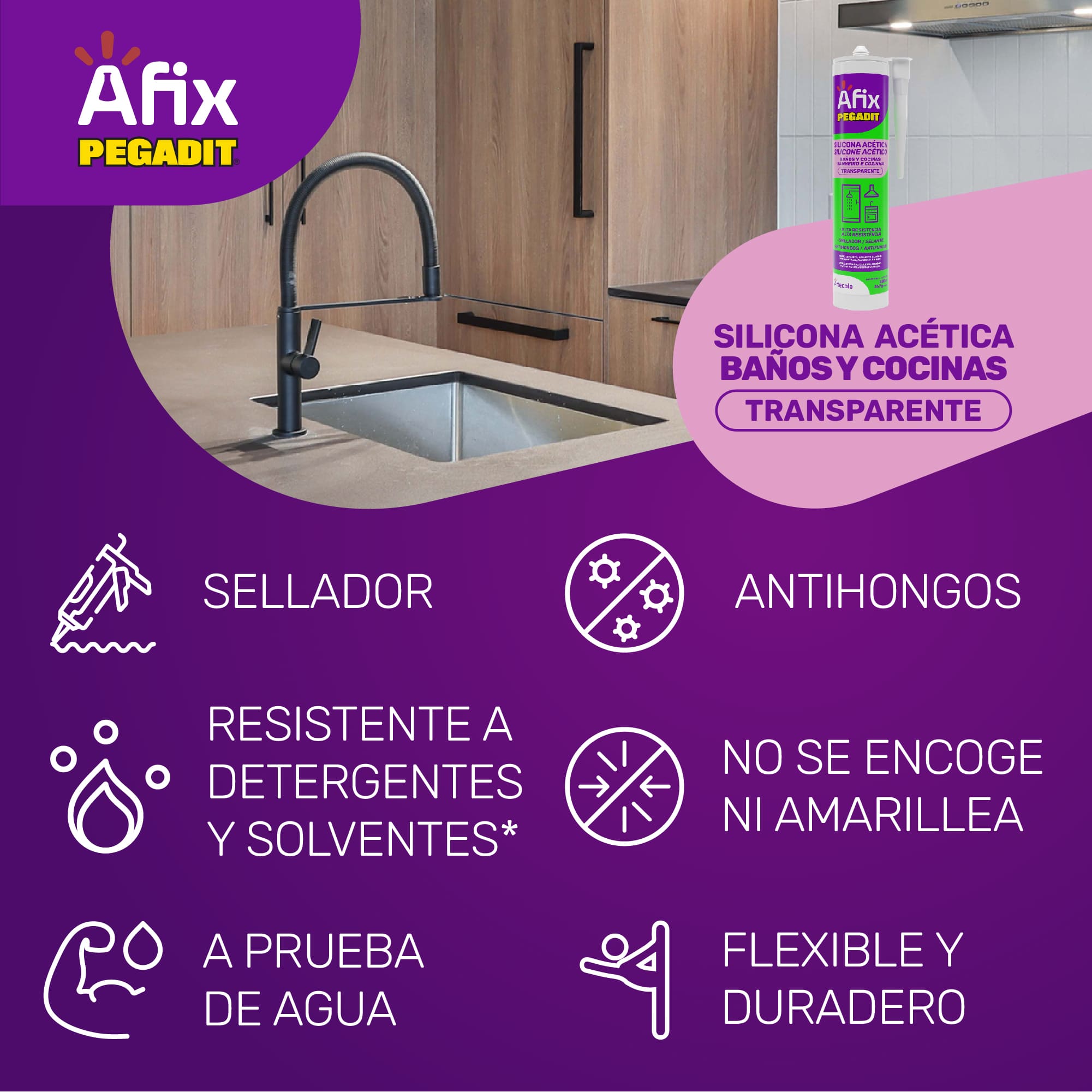 Silicona Afix Pegadit para baños y cocinas • Transparente